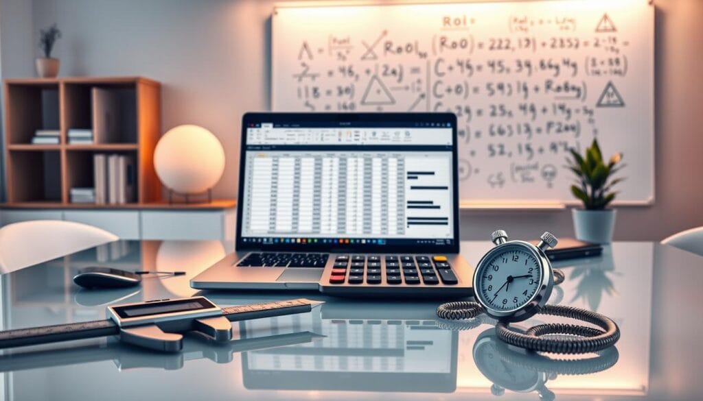 A sleek and modern workspace with a glass desk showcasing various ROI measurement tools. In the foreground, a high-resolution digital caliper, a precision financial calculator, and a stylish stopwatch arranged in a visually appealing layout. The middle ground features a laptop displaying a spreadsheet with financial data, bathed in warm, directional lighting. In the background, a large whiteboard with handwritten equations and formulas related to ROI calculations, complemented by a minimalist bookshelf and potted plant. The overall atmosphere is one of professionalism, efficiency, and a keen focus on data-driven decision-making.