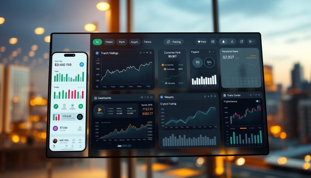 A sleek digital dashboard displaying a variety of fintech tools: a modern budgeting app, a stock trading interface, a cryptocurrency wallet, and a personal finance tracking system. The foreground features clean, minimalist iconography and intuitive user interfaces. The middle ground showcases data visualizations and analytical insights, while the background depicts a blurred cityscape, symbolizing the integration of finance and technology. Warm lighting casts a subtle glow, creating a sense of professionalism and innovation. Shot with a wide-angle lens to capture the comprehensive nature of fintech solutions. A sleek digital dashboard displaying a variety of fintech tools: a modern budgeting app, a stock trading interface, a cryptocurrency wallet, and a personal finance tracking system. The foreground features clean, minimalist iconography and intuitive user interfaces. The middle ground showcases data visualizations and analytical insights, while the background depicts a blurred cityscape, symbolizing the integration of finance and technology. Warm lighting casts a subtle glow, creating a sense of professionalism and innovation. Shot with a wide-angle lens to capture the comprehensive nature of fintech solutions.