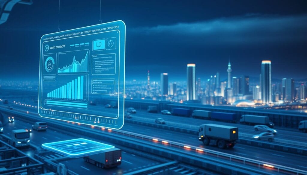 A sleek, futuristic blockchain-powered supply chain system, with automated smart contracts seamlessly orchestrating the flow of goods and payments. In the foreground, a transparent, floating UI display shows real-time data analytics and smart contract execution. Hovering in the middle ground, modular blockchain nodes connect with robotic fulfillment centers and logistics hubs. In the distant background, a cityscape of gleaming skyscrapers and autonomous vehicles hints at the wider technological and economic transformation enabled by this blockchain supply solution. The scene is bathed in a cool, blue-tinted lighting, creating a sense of cutting-edge innovation and technological sophistication. A sleek, futuristic blockchain-powered supply chain system, with automated smart contracts seamlessly orchestrating the flow of goods and payments. In the foreground, a transparent, floating UI display shows real-time data analytics and smart contract execution. Hovering in the middle ground, modular blockchain nodes connect with robotic fulfillment centers and logistics hubs. In the distant background, a cityscape of gleaming skyscrapers and autonomous vehicles hints at the wider technological and economic transformation enabled by this blockchain supply solution. The scene is bathed in a cool, blue-tinted lighting, creating a sense of cutting-edge innovation and technological sophistication.