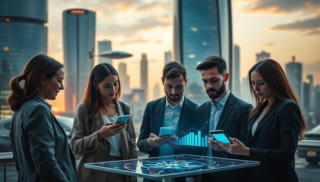 A sleek, futuristic cityscape with gleaming skyscrapers and hover-vehicles in the background. In the foreground, a group of young professionals are gathered around a holographic display, intently examining blockchain-powered budgeting apps on their digital devices. Soft, ambient lighting casts a warm glow, creating a sense of innovation and progress. The scene conveys a vision of advanced, user-friendly financial tools that seamlessly integrate blockchain technology to empower individuals to manage their finances with unprecedented efficiency and security.