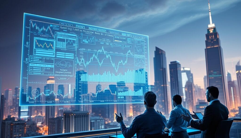 A sleek, futuristic cityscape with towering skyscrapers in the background, illuminated by a vibrant, neon-tinged skyline. In the foreground, a holographic display showcases a complex financial model, its intricate data visualizations and algorithms floating in mid-air. Surrounding the display, a team of analysts and traders gestures and interacts with the model, utilizing quantum computing principles to optimize a dynamic investment portfolio. The scene is bathed in a cool, blue-tinted lighting, conveying a sense of cutting-edge technology and financial innovation. A sleek, futuristic cityscape with towering skyscrapers in the background, illuminated by a vibrant, neon-tinged skyline. In the foreground, a holographic display showcases a complex financial model, its intricate data visualizations and algorithms floating in mid-air. Surrounding the display, a team of analysts and traders gestures and interacts with the model, utilizing quantum computing principles to optimize a dynamic investment portfolio. The scene is bathed in a cool, blue-tinted lighting, conveying a sense of cutting-edge technology and financial innovation.