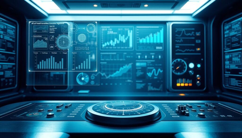 A sleek, futuristic control panel displaying real-time data and AI-powered analytics for micro-investing strategies. In the foreground, a holographic interface showcases complex algorithms and predictive models, with charts, graphs, and financial indicators floating above a smooth, reflective surface. In the middle ground, a series of precision-engineered instruments and sensors relay critical insights, while the background features a minimalist, high-tech environment bathed in cool, ambient lighting that evokes a sense of technological sophistication. The scene conveys the power of AI-driven micro-investing, blending advanced analytics with intuitive, user-friendly controls to help investors navigate the dynamic financial landscape of 2025. A sleek, futuristic control panel displaying real-time data and AI-powered analytics for micro-investing strategies. In the foreground, a holographic interface showcases complex algorithms and predictive models, with charts, graphs, and financial indicators floating above a smooth, reflective surface. In the middle ground, a series of precision-engineered instruments and sensors relay critical insights, while the background features a minimalist, high-tech environment bathed in cool, ambient lighting that evokes a sense of technological sophistication. The scene conveys the power of AI-driven micro-investing, blending advanced analytics with intuitive, user-friendly controls to help investors navigate the dynamic financial landscape of 2025.