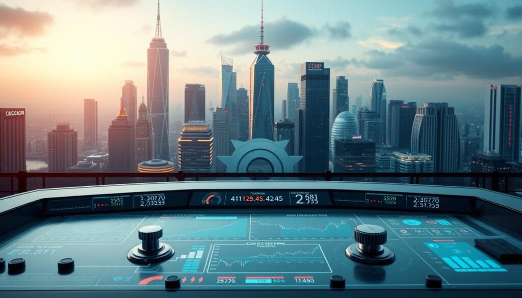 A sleek, futuristic control panel displaying real-time data from multiple cryptocurrency exchanges. The foreground showcases a clean user interface with intuitive dashboards, charts, and trading tools. In the middle ground, a series of interconnected gears and cogs symbolize the seamless integration between various exchange platforms. The background features a cityscape of towering, neon-lit skyscrapers, conveying a sense of technological advancement and financial dynamism. Soft, directional lighting casts dramatic shadows, creating a visually striking and high-tech atmosphere. The overall scene reflects the power and efficiency of a multi-exchange trading system, ready to navigate the cryptocurrency landscape of 2025.