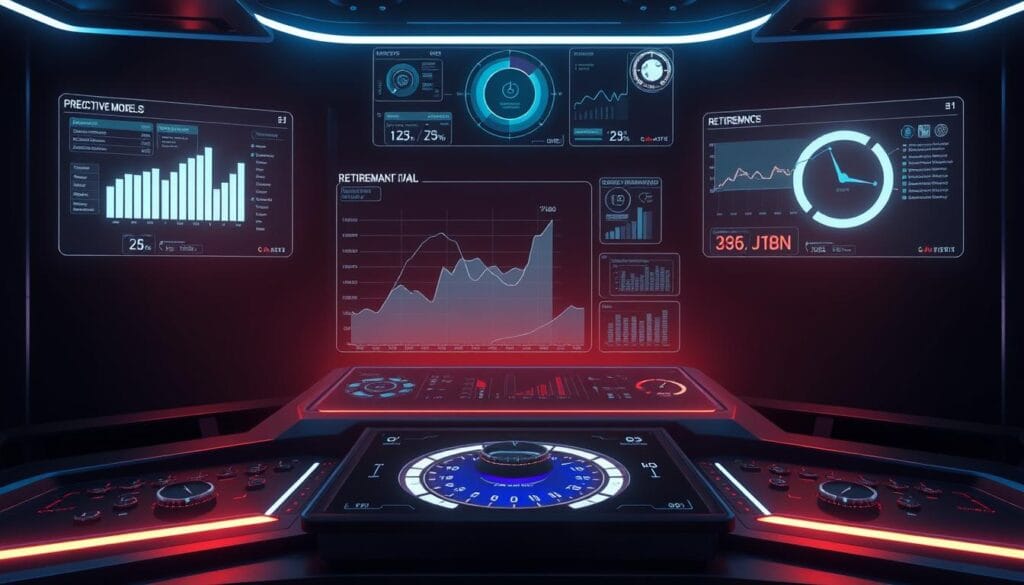 A sleek, futuristic control panel illuminates a dimly lit, high-tech environment. Holographic data visualizations and AI-powered analytics interfaces float above the dashboard, displaying predictive models, forecasts, and insights for retirement planning. Soft, ambient lighting casts an ethereal glow, creating a sense of advanced, precise, and thoughtful decision-making. The scene conveys a balance of technology, foresight, and careful financial planning for the future. A sleek, futuristic control panel illuminates a dimly lit, high-tech environment. Holographic data visualizations and AI-powered analytics interfaces float above the dashboard, displaying predictive models, forecasts, and insights for retirement planning. Soft, ambient lighting casts an ethereal glow, creating a sense of advanced, precise, and thoughtful decision-making. The scene conveys a balance of technology, foresight, and careful financial planning for the future.