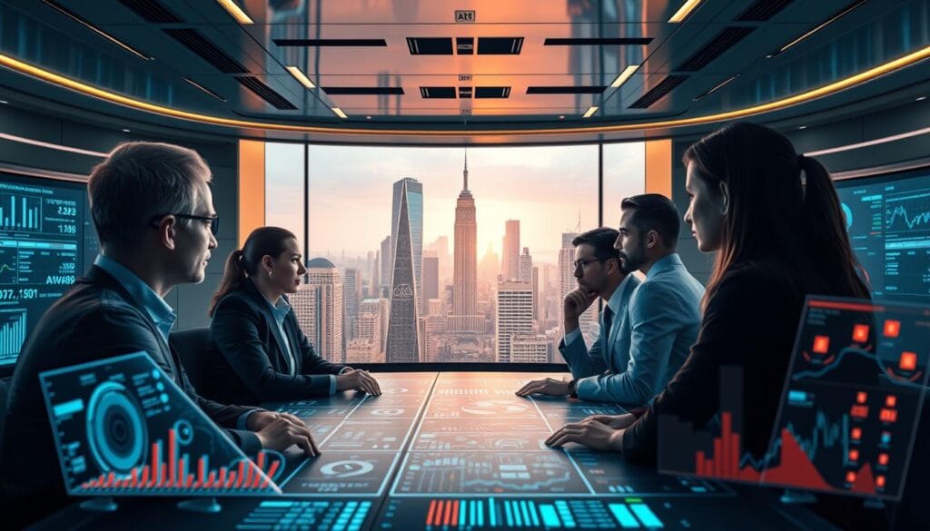 A sleek, futuristic control room with a panoramic view of a bustling city skyline. In the foreground, a team of data analysts intently monitors a series of holographic dashboards, their expressions focused as they interpret complex financial metrics. The middle ground features an array of advanced AI-driven risk management systems, their interfaces pulsing with real-time data analytics. The background showcases a cityscape of gleaming skyscrapers, symbolizing the scale and complexity of the financial landscape. Soft, warm lighting illuminates the scene, creating an atmosphere of precision, control, and technological sophistication. The overall impression conveys the powerful role of AI in navigating the intricate challenges of modern portfolio management. A sleek, futuristic control room with a panoramic view of a bustling city skyline. In the foreground, a team of data analysts intently monitors a series of holographic dashboards, their expressions focused as they interpret complex financial metrics. The middle ground features an array of advanced AI-driven risk management systems, their interfaces pulsing with real-time data analytics. The background showcases a cityscape of gleaming skyscrapers, symbolizing the scale and complexity of the financial landscape. Soft, warm lighting illuminates the scene, creating an atmosphere of precision, control, and technological sophistication. The overall impression conveys the powerful role of AI in navigating the intricate challenges of modern portfolio management.