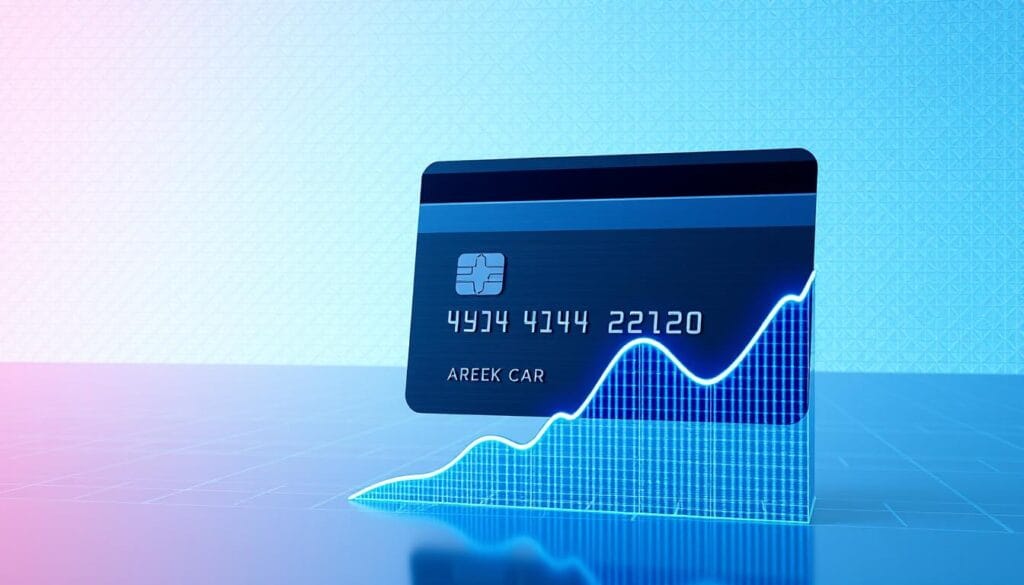 A sleek, futuristic credit card hovers against a minimalist, holographic backdrop. Pristine lines and metallic accents reflect cool, blue-tinted lighting, conveying a sense of advanced technology. In the foreground, an AI-generated graph displays a declining interest rate curve, symbolizing the card's ability to leverage AI for seamless interest rate reduction. The overall composition exudes a forward-thinking, innovative atmosphere, perfectly capturing the concept of using AI to effortlessly manage credit card debt.