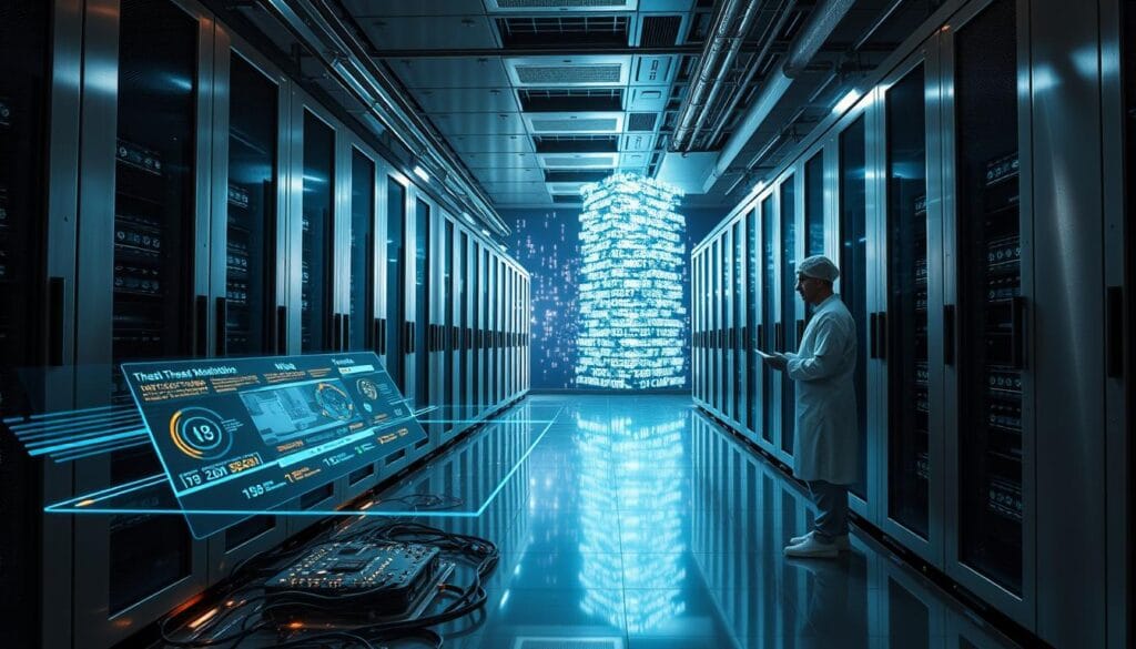 A sleek, futuristic data center with rows of secure servers and advanced cryptographic hardware. The metallic exterior gleams under harsh overhead lighting, casting dramatic shadows across the floor. In the foreground, a holographic display shows real-time threat monitoring and security alerts. Skilled technicians in clean-room attire examine intricate circuits, their faces illuminated by the glow of digital readouts. In the background, a towering blockchain visualization pulses with encrypted transactions, underscoring the gravity of the systems being protected. An atmosphere of technological sophistication and unwavering vigilance permeates the scene.