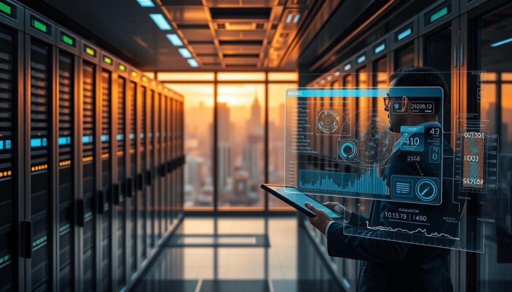 A sleek, futuristic data center with rows of servers and advanced monitoring systems. In the foreground, a holographic display showcases dynamic risk management models, with complex algorithms and visualizations. The middle ground features an executive reviewing real-time analytics on a high-resolution touchscreen, making strategic decisions. The background has floor-to-ceiling windows overlooking a bustling city skyline, bathed in a warm, amber glow from the setting sun. The scene conveys a sense of precision, control, and AI-powered insight guiding financial risk management.