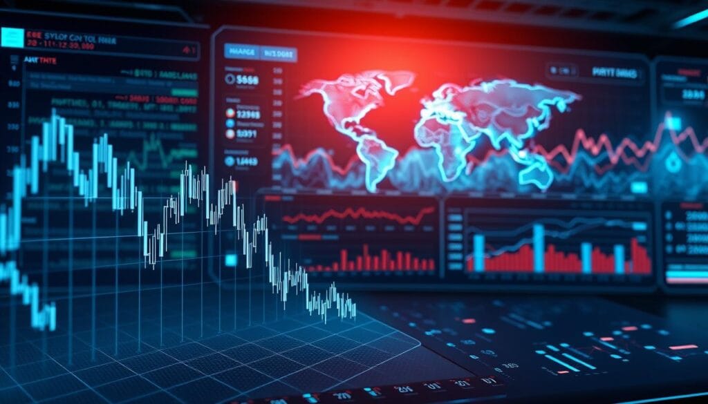 A sleek, futuristic digital dashboard with intuitive UI elements. In the foreground, a 3D wireframe model of a stock chart, pulsing with live market data. The middle ground features a cluster of algorithmic trading indicators and portfolio optimization tools. In the background, a panoramic display of holographic market visualizations, glowing lines tracing the ebb and flow of global finance. Soft, ambient lighting bathes the scene in a cool, technological glow. The overall atmosphere is one of precision, efficiency, and the seamless integration of human and machine intelligence in the management of personal wealth.