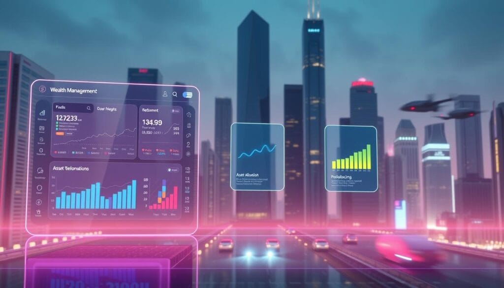A sleek, futuristic digital interface showcasing the evolution of wealth management. In the foreground, a holographic display panel depicts a seamless, intuitive investment dashboard with real-time analytics and personalized portfolio recommendations. The middle ground features a trio of floating touchscreen modules, each representing a different financial service - retirement planning, asset allocation, and portfolio rebalancing. In the background, a dynamic cityscape of towering skyscrapers and hovering transport vehicles conveys a sense of technological progress and urban modernity. Diffused neon lighting and a muted color palette create an atmosphere of sophistication and innovation, hinting at the transformative power of robo-advisory services in the future of automated savings. A sleek, futuristic digital interface showcasing the evolution of wealth management. In the foreground, a holographic display panel depicts a seamless, intuitive investment dashboard with real-time analytics and personalized portfolio recommendations. The middle ground features a trio of floating touchscreen modules, each representing a different financial service - retirement planning, asset allocation, and portfolio rebalancing. In the background, a dynamic cityscape of towering skyscrapers and hovering transport vehicles conveys a sense of technological progress and urban modernity. Diffused neon lighting and a muted color palette create an atmosphere of sophistication and innovation, hinting at the transformative power of robo-advisory services in the future of automated savings.