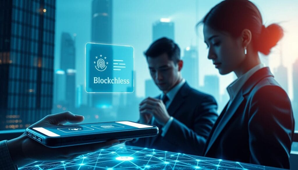A sleek, futuristic financial transaction scene with a contactless blockchain payment system as the focal point. The foreground features a mobile device with a biometric security interface hovering above a stylized blockchain network visualization. The middle ground showcases a group of well-dressed individuals making seamless digital payments, their faces obscured for privacy. The background depicts a modern urban landscape with skyscrapers, neon lights, and a subtle haze, conveying a sense of technological progress and innovation. The scene is bathed in a cool, bluish-tinted lighting that enhances the high-tech atmosphere. The overall mood is one of efficiency, security, and the cutting edge of digital finance.