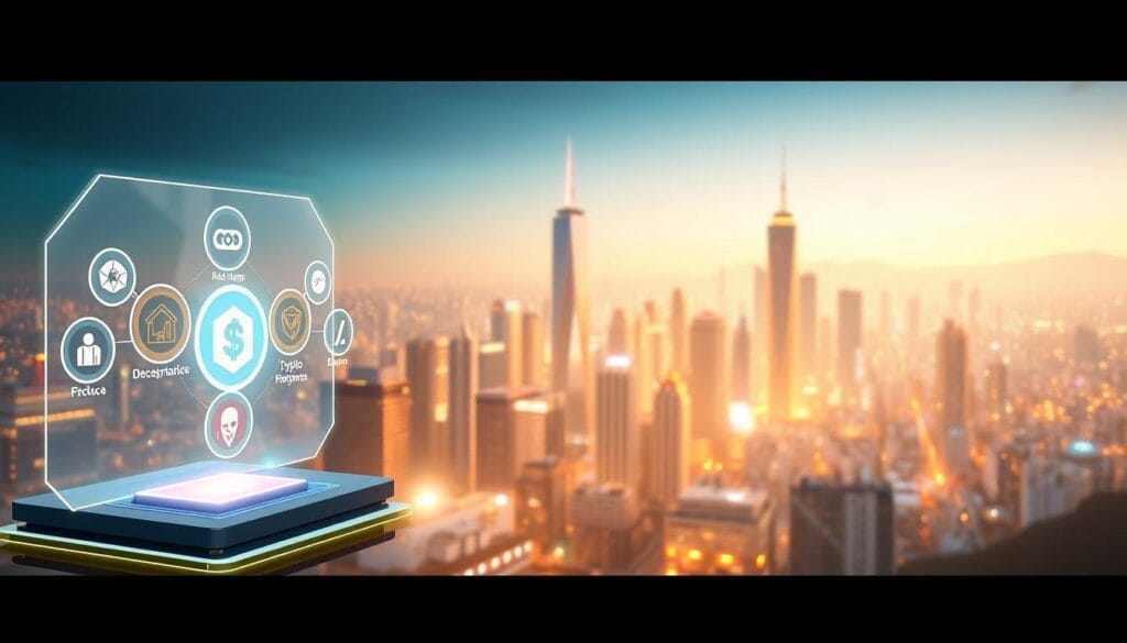 A sleek, futuristic illustration showcasing the top crypto lending platforms in 2025. The foreground features a glossy, holographic display highlighting various decentralized finance (DeFi) protocols, each represented by a distinctive 3D icon. In the middle ground, a stylized city skyline with towering skyscrapers and glowing neon signage reflects the financial technology hub of the future. The background is a panoramic view of a cityscape, bathed in a warm, golden-hued lighting that creates a sense of prosperity and innovation. The overall composition conveys a sense of cutting-edge technology, secure financial transactions, and the promising future of blockchain-based personal lending.