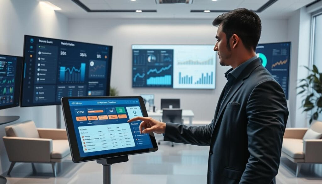 A sleek, futuristic interface featuring several AI-powered loan comparison tools, showcased on a variety of high-resolution displays. In the foreground, a user interacts with a responsive touchscreen, exploring personalized loan options and interest rates. In the middle ground, diverse data visualizations and analytical charts provide insights into the loan market. The background features a minimalist, clean workspace with modern furniture and subtle lighting, creating a professional and efficient atmosphere. The overall scene conveys the power of AI technology to streamline the loan comparison process, empowering users to make informed financial decisions.