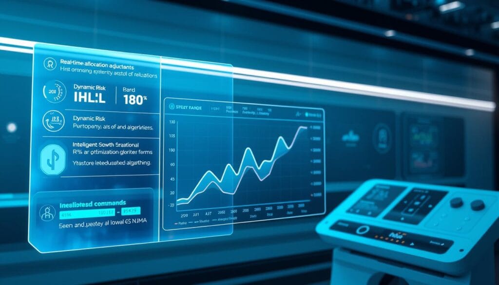 A sleek futuristic interface with interactive visualizations and intuitive controls for AI-powered portfolio rebalancing. In the foreground, a holographic display showcases real-time asset allocation adjustments, dynamic risk monitoring, and intelligent optimization algorithms. The middle ground features a stylized 3D graph of historical portfolio performance and projected growth scenarios. In the background, a minimalist control panel with touchscreen panels and voice-activated commands for seamless portfolio management. The overall atmosphere conveys a sense of advanced financial technology, data-driven insights, and effortless automation, creating a compelling visual representation of cutting-edge AI portfolio rebalancing features. A sleek futuristic interface with interactive visualizations and intuitive controls for AI-powered portfolio rebalancing. In the foreground, a holographic display showcases real-time asset allocation adjustments, dynamic risk monitoring, and intelligent optimization algorithms. The middle ground features a stylized 3D graph of historical portfolio performance and projected growth scenarios. In the background, a minimalist control panel with touchscreen panels and voice-activated commands for seamless portfolio management. The overall atmosphere conveys a sense of advanced financial technology, data-driven insights, and effortless automation, creating a compelling visual representation of cutting-edge AI portfolio rebalancing features.