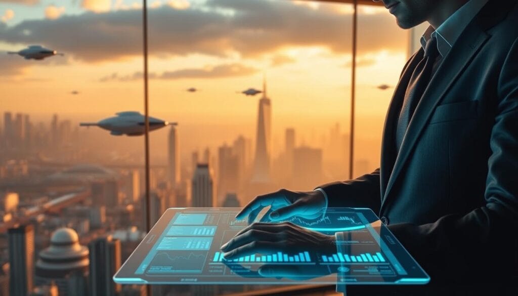 A sleek, futuristic investment platform powered by advanced artificial intelligence. In the foreground, a holographic interface displays real-time data and investment recommendations, operated by the hands of a stylishly dressed financial advisor. The middle ground features a panoramic view of a bustling cityscape, with skyscrapers and hovercraft in the distance. The background is bathed in a warm, golden glow, creating an atmosphere of sophistication and technological progress. The lighting is dramatic, with subtle shadows and highlights that accentuate the modern, clean design of the platform. The camera angles are strategic, capturing the platform's intuitive usability and the advisor's confident, data-driven decision-making. Overall, the image conveys the evolution of robo-advisors, blending human expertise with cutting-edge AI to provide a seamless, personalized investment experience. A sleek, futuristic investment platform powered by advanced artificial intelligence. In the foreground, a holographic interface displays real-time data and investment recommendations, operated by the hands of a stylishly dressed financial advisor. The middle ground features a panoramic view of a bustling cityscape, with skyscrapers and hovercraft in the distance. The background is bathed in a warm, golden glow, creating an atmosphere of sophistication and technological progress. The lighting is dramatic, with subtle shadows and highlights that accentuate the modern, clean design of the platform. The camera angles are strategic, capturing the platform's intuitive usability and the advisor's confident, data-driven decision-making. Overall, the image conveys the evolution of robo-advisors, blending human expertise with cutting-edge AI to provide a seamless, personalized investment experience.