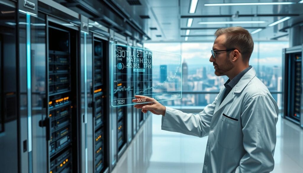 A sleek, futuristic laboratory filled with advanced quantum computing hardware and data visualization interfaces. In the foreground, a data scientist in a clean white lab coat intently studies a holographic projection of complex financial models, their hands deftly manipulating the data with precise gestures. In the middle ground, rows of humming quantum processors are housed in a precisely climate-controlled environment, bathed in a soft blue glow. The background depicts a panoramic view of a bustling metropolis, hinting at the real-world impact of this powerful integration of machine learning and quantum finance. The overall mood is one of technological sophistication, scientific rigor, and the transformative potential of this cutting-edge field. A sleek, futuristic laboratory filled with advanced quantum computing hardware and data visualization interfaces. In the foreground, a data scientist in a clean white lab coat intently studies a holographic projection of complex financial models, their hands deftly manipulating the data with precise gestures. In the middle ground, rows of humming quantum processors are housed in a precisely climate-controlled environment, bathed in a soft blue glow. The background depicts a panoramic view of a bustling metropolis, hinting at the real-world impact of this powerful integration of machine learning and quantum finance. The overall mood is one of technological sophistication, scientific rigor, and the transformative potential of this cutting-edge field.
