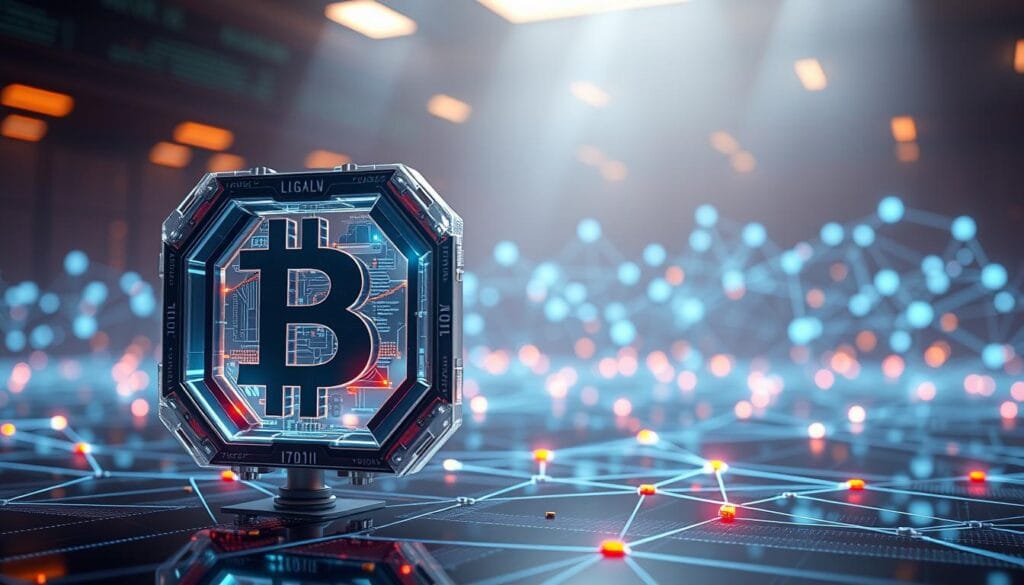 A sleek, futuristic-looking blockchain network visualization, showcasing the core elements of blockchain technology. In the foreground, a detailed 3D representation of a blockchain block, its transparent layers revealing the complex inner workings. In the middle ground, a dynamic array of interconnected nodes, each glowing with a unique color, representing the distributed nature of the network. In the background, a subtly hazy, metallic-toned environment, with subtle light sources casting a warm, ambient glow, conveying a sense of technological sophistication and innovation. The overall scene should evoke a feeling of advanced, cutting-edge financial technology, ready to power the future of digital payments. A sleek, futuristic-looking blockchain network visualization, showcasing the core elements of blockchain technology. In the foreground, a detailed 3D representation of a blockchain block, its transparent layers revealing the complex inner workings. In the middle ground, a dynamic array of interconnected nodes, each glowing with a unique color, representing the distributed nature of the network. In the background, a subtly hazy, metallic-toned environment, with subtle light sources casting a warm, ambient glow, conveying a sense of technological sophistication and innovation. The overall scene should evoke a feeling of advanced, cutting-edge financial technology, ready to power the future of digital payments.