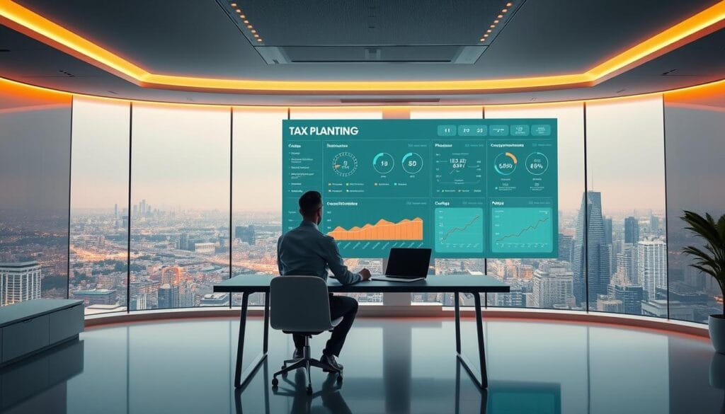A sleek, futuristic office featuring a prominent AI-powered tax planning dashboard on a large, high-resolution display. In the foreground, a freelancer sits at a minimalist desk, intently studying the analytics and recommendations projected on the screen. The middle ground showcases intuitive interfaces and visualization tools, while the background depicts a panoramic cityscape view, hinting at the AI's ability to integrate global economic data. Warm lighting and clean, modern aesthetics convey a sense of efficiency and empowerment for the freelancer navigating the complexities of tax optimization. A sleek, futuristic office featuring a prominent AI-powered tax planning dashboard on a large, high-resolution display. In the foreground, a freelancer sits at a minimalist desk, intently studying the analytics and recommendations projected on the screen. The middle ground showcases intuitive interfaces and visualization tools, while the background depicts a panoramic cityscape view, hinting at the AI's ability to integrate global economic data. Warm lighting and clean, modern aesthetics convey a sense of efficiency and empowerment for the freelancer navigating the complexities of tax optimization.