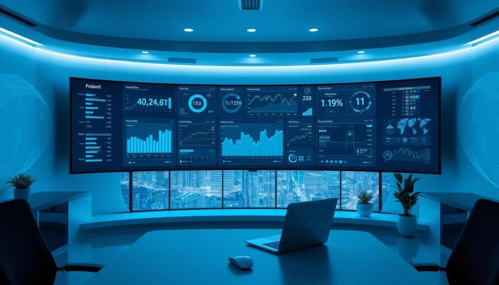 A sleek, futuristic office interior with a high-tech investment dashboard displayed on a large, curved monitor. The screen shows various financial metrics, charts, and automated trading algorithms running in real-time. The room is bathed in a cool, blue-tinted lighting, creating a serene and professional atmosphere. In the foreground, a minimalist desk with a laptop, mouse, and a small potted plant, symbolizing the automated and low-maintenance nature of the portfolio management system. The middle ground features a panoramic window overlooking a modern city skyline, adding a sense of scale and connectivity to the global financial markets. The background is filled with subtle, abstract patterns and textures, conveying the complexity and interconnectedness of the automated investment strategies. A sleek, futuristic office interior with a high-tech investment dashboard displayed on a large, curved monitor. The screen shows various financial metrics, charts, and automated trading algorithms running in real-time. The room is bathed in a cool, blue-tinted lighting, creating a serene and professional atmosphere. In the foreground, a minimalist desk with a laptop, mouse, and a small potted plant, symbolizing the automated and low-maintenance nature of the portfolio management system. The middle ground features a panoramic window overlooking a modern city skyline, adding a sense of scale and connectivity to the global financial markets. The background is filled with subtle, abstract patterns and textures, conveying the complexity and interconnectedness of the automated investment strategies.