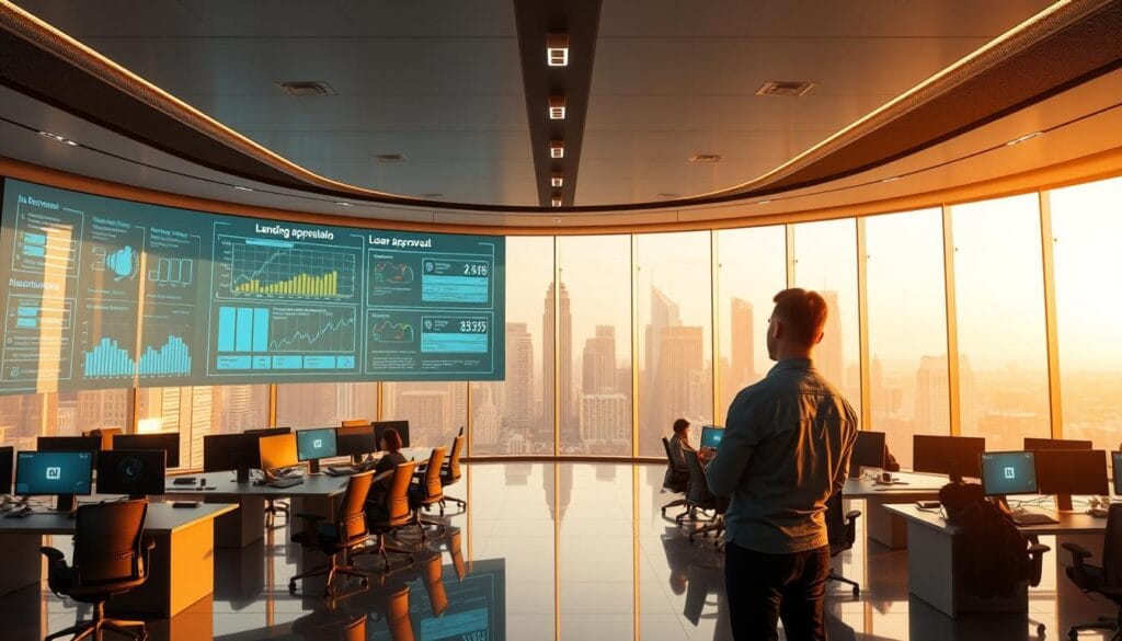 A sleek, futuristic office interior with a large, curved display wall showcasing an AI-powered loan approval system. In the foreground, a financial analyst interacts with the system, reviewing real-time data and approving loan applications through a touch-enabled interface. The middle ground features rows of workstations, where teams of data scientists and engineers monitor the system's performance. The background is filled with a panoramic view of a modern city skyline, bathed in warm, golden lighting that creates a sense of sophistication and innovation. The overall atmosphere conveys the power and efficiency of AI-driven lending, transforming the traditional financial landscape. A sleek, futuristic office interior with a large, curved display wall showcasing an AI-powered loan approval system. In the foreground, a financial analyst interacts with the system, reviewing real-time data and approving loan applications through a touch-enabled interface. The middle ground features rows of workstations, where teams of data scientists and engineers monitor the system's performance. The background is filled with a panoramic view of a modern city skyline, bathed in warm, golden lighting that creates a sense of sophistication and innovation. The overall atmosphere conveys the power and efficiency of AI-driven lending, transforming the traditional financial landscape.