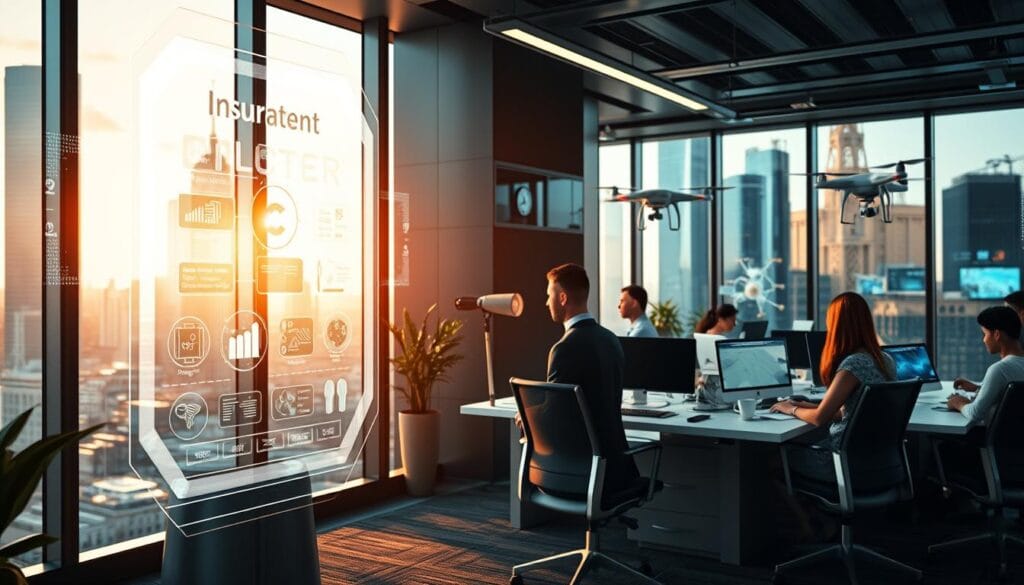 A sleek, futuristic office interior with floor-to-ceiling windows overlooking a bustling financial district. In the foreground, a holographic display presents automated insurance solutions, with interactive interfaces and data visualizations. In the middle ground, stylishly dressed professionals collaborate at ergonomic workstations, seamlessly integrating insurance into their fintech products. The background features cutting-edge technology, like autonomous drones and intelligent assistants, all working in harmony to deliver seamless, embedded insurance experiences. The lighting is warm and inviting, creating a sense of innovation and progress. The overall atmosphere conveys a vision of the future of fintech, where insurance is deeply embedded, enhancing the user experience and driving business growth. A sleek, futuristic office interior with floor-to-ceiling windows overlooking a bustling financial district. In the foreground, a holographic display presents automated insurance solutions, with interactive interfaces and data visualizations. In the middle ground, stylishly dressed professionals collaborate at ergonomic workstations, seamlessly integrating insurance into their fintech products. The background features cutting-edge technology, like autonomous drones and intelligent assistants, all working in harmony to deliver seamless, embedded insurance experiences. The lighting is warm and inviting, creating a sense of innovation and progress. The overall atmosphere conveys a vision of the future of fintech, where insurance is deeply embedded, enhancing the user experience and driving business growth.