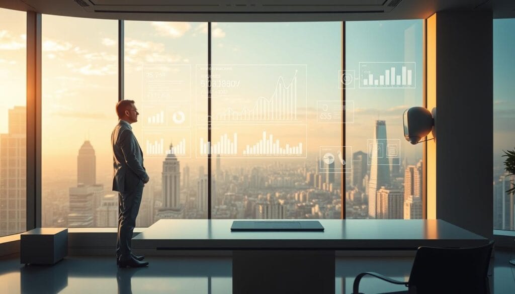A sleek, futuristic office interior with floor-to-ceiling windows overlooking a bustling city skyline. In the foreground, a well-dressed professional stands before a transparent, holographic display showcasing detailed financial data and projections. Soft, diffused lighting illuminates the scene, creating a warm, serene atmosphere. The middle ground features a minimalist, modern desk with a slim, touch-enabled device displaying an intuitive AI wealth management interface. In the background, technological elements like floating information panels and autonomous robotic assistants suggest an advanced, AI-powered wealth management solution tailored for small businesses in the year 2025. A sleek, futuristic office interior with floor-to-ceiling windows overlooking a bustling city skyline. In the foreground, a well-dressed professional stands before a transparent, holographic display showcasing detailed financial data and projections. Soft, diffused lighting illuminates the scene, creating a warm, serene atmosphere. The middle ground features a minimalist, modern desk with a slim, touch-enabled device displaying an intuitive AI wealth management interface. In the background, technological elements like floating information panels and autonomous robotic assistants suggest an advanced, AI-powered wealth management solution tailored for small businesses in the year 2025.