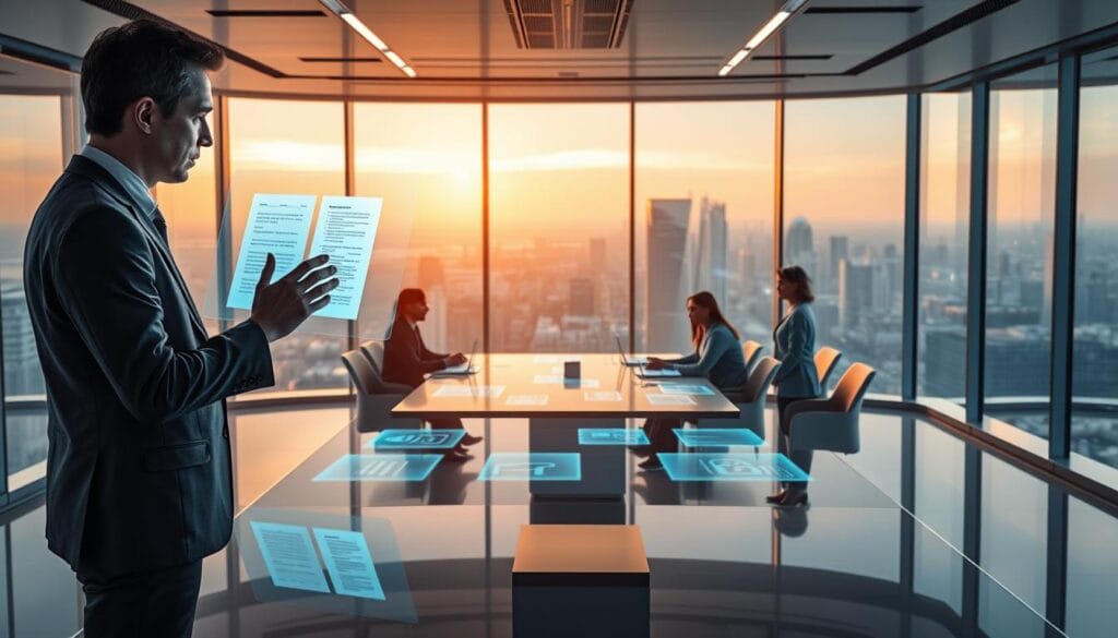 A sleek, futuristic office setting with a holographic display showcasing automated legal document analysis. In the foreground, a professional in a crisp suit interacts with the floating interface, gesturing with their hands to manipulate digital documents. The middle ground features a team of legal experts gathered around a polished conference table, intently studying projected case files. The background is dominated by floor-to-ceiling windows, offering a panoramic view of a bustling, high-tech cityscape bathed in warm, diffused lighting. An atmosphere of efficiency, innovation, and technological prowess pervades the scene, capturing the essence of the "Innovative Technologies Revolutionizing Estate Planning." A sleek, futuristic office setting with a holographic display showcasing automated legal document analysis. In the foreground, a professional in a crisp suit interacts with the floating interface, gesturing with their hands to manipulate digital documents. The middle ground features a team of legal experts gathered around a polished conference table, intently studying projected case files. The background is dominated by floor-to-ceiling windows, offering a panoramic view of a bustling, high-tech cityscape bathed in warm, diffused lighting. An atmosphere of efficiency, innovation, and technological prowess pervades the scene, capturing the essence of the "Innovative Technologies Revolutionizing Estate Planning."