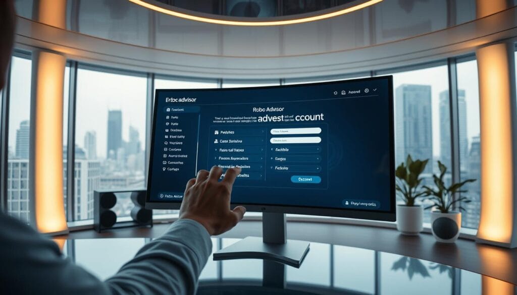 A sleek, futuristic office setting with a modern, minimalist design. A large, curved computer monitor takes center stage, displaying a user interface for a robo-advisor account setup. The foreground features a person's hands interacting with the touchscreen, navigating through various menus and options. Soft, indirect lighting casts a warm glow, creating a calming and focused atmosphere. The background showcases floor-to-ceiling windows overlooking a bustling cityscape, hinting at the global, high-tech nature of the robo-advisor service. The overall scene conveys a sense of ease, efficiency, and the seamless integration of technology into personal finance management. A sleek, futuristic office setting with a modern, minimalist design. A large, curved computer monitor takes center stage, displaying a user interface for a robo-advisor account setup. The foreground features a person's hands interacting with the touchscreen, navigating through various menus and options. Soft, indirect lighting casts a warm glow, creating a calming and focused atmosphere. The background showcases floor-to-ceiling windows overlooking a bustling cityscape, hinting at the global, high-tech nature of the robo-advisor service. The overall scene conveys a sense of ease, efficiency, and the seamless integration of technology into personal finance management.