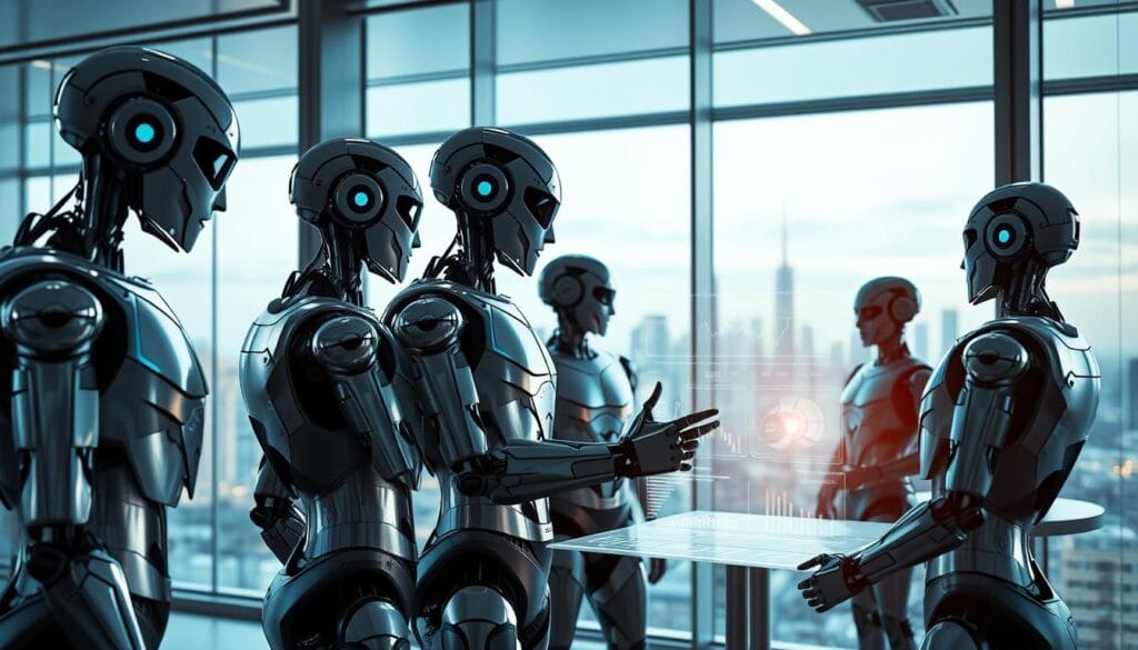 A sleek, futuristic office setting with floor-to-ceiling windows overlooking a cityscape. In the foreground, a team of robotic financial advisors, their metallic exteriors gleaming, are gathered around a holographic display, analyzing complex data visualizations. The lighting is cool and modern, with soft, indirect illumination casting a futuristic glow. The robotic advisors are posed in thoughtful, collaborative stances, their movements precise and efficient. In the background, the city skyline is visible, hinting at the broad scope of their financial management capabilities. The overall atmosphere conveys a sense of advanced, AI-powered retirement planning, where technology and human expertise converge seamlessly. A sleek, futuristic office setting with floor-to-ceiling windows overlooking a cityscape. In the foreground, a team of robotic financial advisors, their metallic exteriors gleaming, are gathered around a holographic display, analyzing complex data visualizations. The lighting is cool and modern, with soft, indirect illumination casting a futuristic glow. The robotic advisors are posed in thoughtful, collaborative stances, their movements precise and efficient. In the background, the city skyline is visible, hinting at the broad scope of their financial management capabilities. The overall atmosphere conveys a sense of advanced, AI-powered retirement planning, where technology and human expertise converge seamlessly.