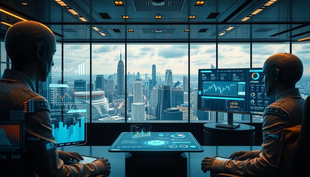 A sleek, futuristic office setting with intelligent AI agents analyzing complex financial data. The foreground features holographic displays showcasing real-time stock trends, currency fluctuations, and predictive analytics. In the middle ground, an array of high-resolution digital screens present a comprehensive financial dashboard, with AI-generated insights and recommended investment strategies. The background depicts a panoramic city skyline, with skyscrapers and infrastructure symbolizing the interconnected global economy. Dramatic lighting casts a warm, authoritative glow, while a sense of dynamism and technological sophistication permeates the scene.
