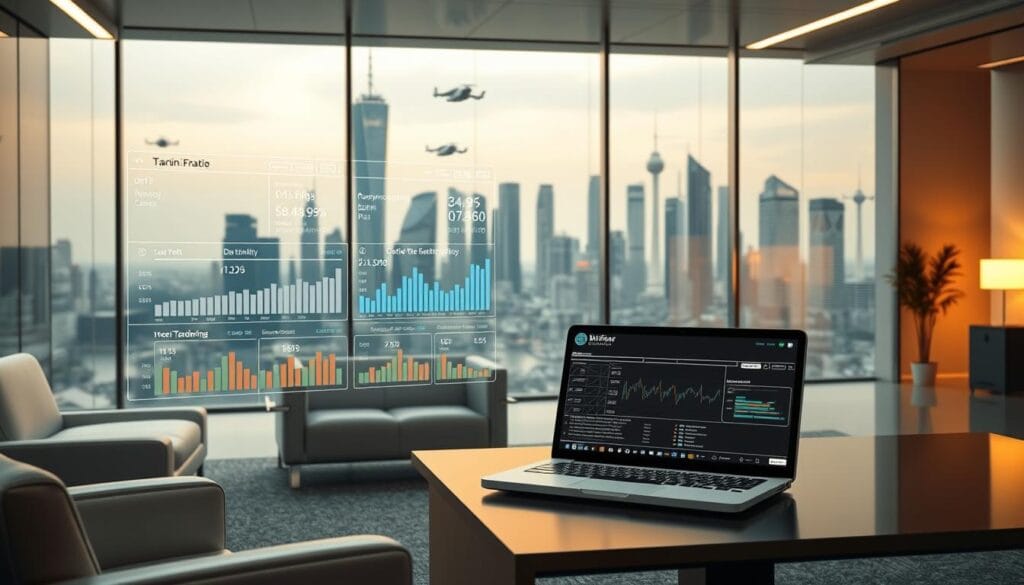 A sleek, futuristic office setting with modern furniture and clean lines. In the foreground, a holograhpic display showcases a detailed financial dashboard with interactive data visualizations related to DeFi, NFTs, and margin trading. The middle ground features a blockchain-powered laptop with a complex algorithmic tax reporting interface. In the background, a city skyline of gleaming towers and flying cars creates an atmosphere of technological innovation. Warm, diffused lighting casts a soft glow across the scene, conveying a sense of efficiency and financial security in the age of Web3. A sleek, futuristic office setting with modern furniture and clean lines. In the foreground, a holograhpic display showcases a detailed financial dashboard with interactive data visualizations related to DeFi, NFTs, and margin trading. The middle ground features a blockchain-powered laptop with a complex algorithmic tax reporting interface. In the background, a city skyline of gleaming towers and flying cars creates an atmosphere of technological innovation. Warm, diffused lighting casts a soft glow across the scene, conveying a sense of efficiency and financial security in the age of Web3.