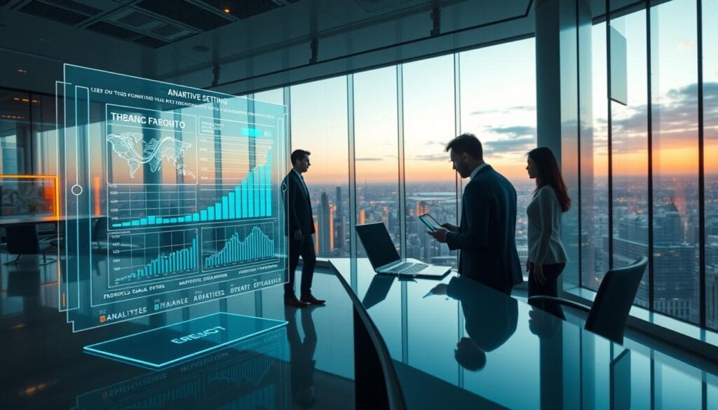 A sleek, futuristic office space where AI-powered financial planning tools are seamlessly integrated. In the foreground, a holographic display showcases adaptive financial goal-setting algorithms, with dynamic charts and graphs responding to user input. In the middle ground, a team of analysts reviews portfolios on sophisticated touchscreen interfaces, their movements reflected in the gleaming surfaces. The background features floor-to-ceiling windows overlooking a sprawling cityscape, bathed in the warm glow of an evening sky. The atmosphere is one of efficiency, innovation, and a sense of financial empowerment enabled by advanced technologies.