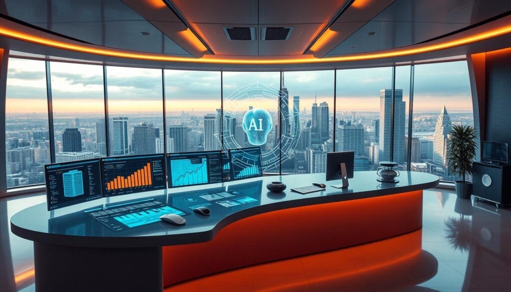 A sleek, futuristic office space with a large, curved desk showcasing a suite of cutting-edge machine learning accounting tools. In the foreground, an AI-powered financial dashboard displays real-time data analytics, intelligent expense tracking, and predictive cash flow projections. The middle ground features a holographic collaboration interface, allowing remote teams to seamlessly work together on complex accounting tasks. In the background, a panoramic window overlooks a bustling cityscape, bathed in warm, ambient lighting that creates a modern, high-tech atmosphere. The overall scene conveys the power of AI-driven accounting solutions to streamline small business finances and transform traditional practices.