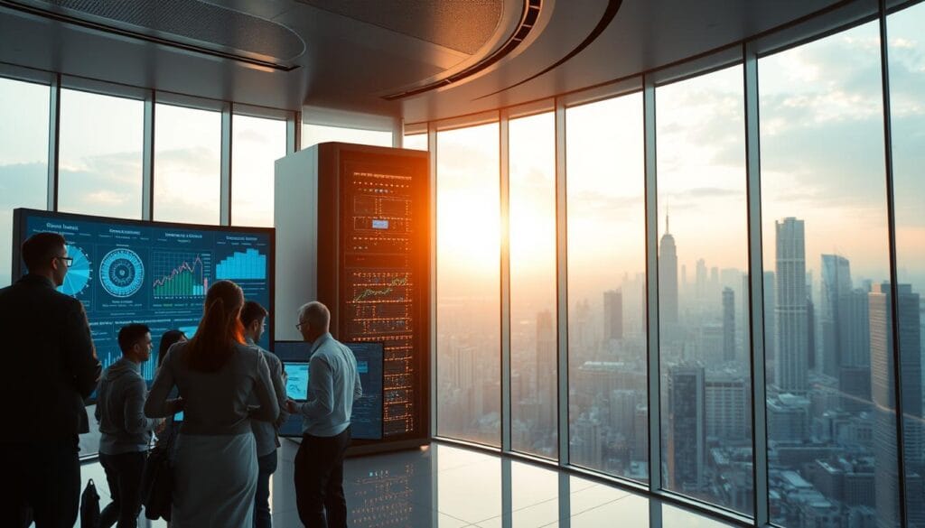 A sleek, futuristic office with floor-to-ceiling windows overlooking a bustling cityscape. In the foreground, a team of analysts huddles around a large, curved interactive display, studying complex data visualizations and charts. The lighting is soft and ambient, creating a sense of focus and intensity. In the middle ground, a towering AI-powered server rack hums with activity, its LEDs pulsing in sync with the flow of data. The background features a panoramic view of the city, its skyscrapers gleaming in the afternoon sun, symbolizing the vast scale and scope of the predictive analytics strategies being developed within this cutting-edge workspace. A sleek, futuristic office with floor-to-ceiling windows overlooking a bustling cityscape. In the foreground, a team of analysts huddles around a large, curved interactive display, studying complex data visualizations and charts. The lighting is soft and ambient, creating a sense of focus and intensity. In the middle ground, a towering AI-powered server rack hums with activity, its LEDs pulsing in sync with the flow of data. The background features a panoramic view of the city, its skyscrapers gleaming in the afternoon sun, symbolizing the vast scale and scope of the predictive analytics strategies being developed within this cutting-edge workspace.