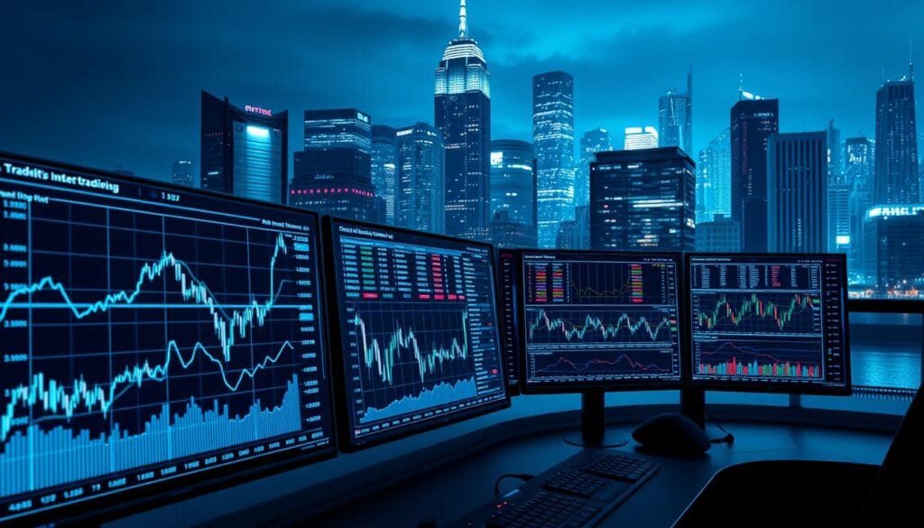 A sleek, futuristic trading dashboard set against a cityscape backdrop. In the foreground, a series of charts and graphs visualize the results of backtesting various trading strategies, with lines and curves depicting historical performance data. The middle ground features an array of monitors displaying real-time market data, order books, and automated trading bots at work. In the background, the glittering skyline of a modern financial center is bathed in a cool, blue-hued lighting, creating a sense of technological sophistication and data-driven decision making. The overall scene conveys the power and precision of optimizing trading strategies through rigorous backtesting and simulation.