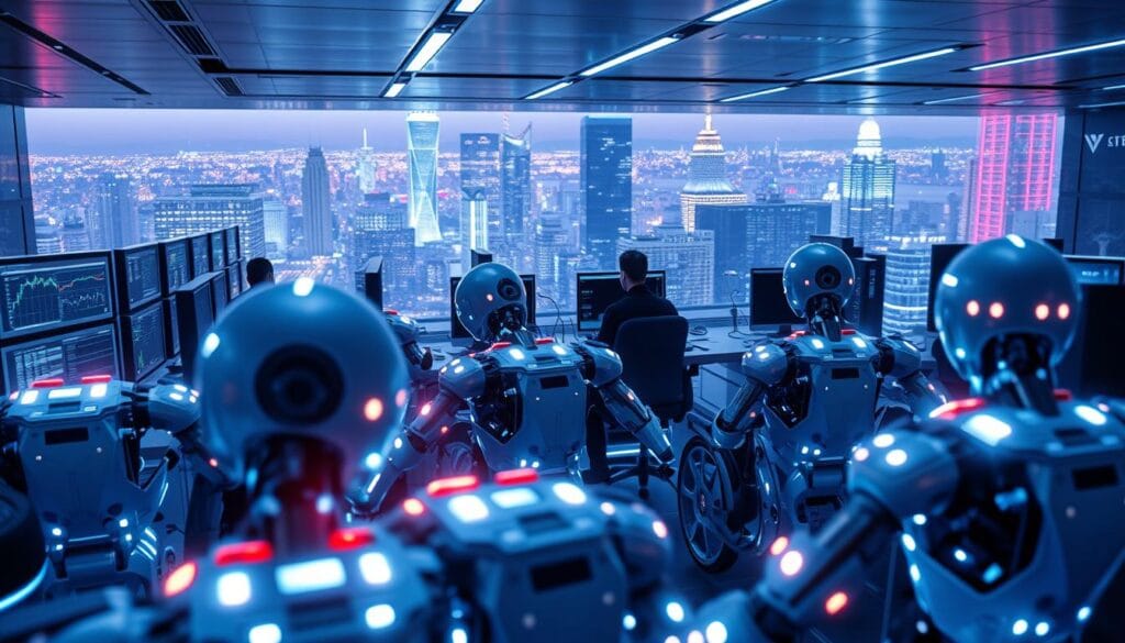 A sleek, futuristic trading floor with rows of high-performance computers and monitors. In the foreground, a cluster of automated trading bots, their sleek metallic frames and glowing indicator lights casting an ethereal glow. The bots are engaged in rapid, precise trading executions, their algorithms processing vast amounts of data and making decisions at lightning speed. In the middle ground, traders and analysts monitor the bots' activities, their faces illuminated by the screens. The background is a panoramic view of a bustling cityscape, skyscrapers and neon lights reflecting off the glass facades. The scene is bathed in a cool, blue-hued lighting, conveying a sense of technological prowess and the precision of modern algorithmic trading. A sleek, futuristic trading floor with rows of high-performance computers and monitors. In the foreground, a cluster of automated trading bots, their sleek metallic frames and glowing indicator lights casting an ethereal glow. The bots are engaged in rapid, precise trading executions, their algorithms processing vast amounts of data and making decisions at lightning speed. In the middle ground, traders and analysts monitor the bots' activities, their faces illuminated by the screens. The background is a panoramic view of a bustling cityscape, skyscrapers and neon lights reflecting off the glass facades. The scene is bathed in a cool, blue-hued lighting, conveying a sense of technological prowess and the precision of modern algorithmic trading.
