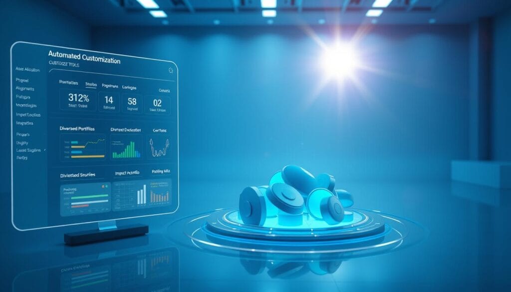 A sleek, futuristic user interface showcasing a suite of automated portfolio customization tools. In the foreground, a holographic display presents detailed asset allocation options, investment strategies, and impact metrics. In the middle ground, a responsive 3D model of a diversified portfolio rotates, highlighting ESG-aligned securities. The background depicts a clean, minimalist workspace bathed in cool, blue-tinted lighting, creating a sense of technological sophistication and precision. Cinematic lens flares and depth-of-field blur enhance the immersive, high-tech atmosphere, reflecting the advanced, AI-powered nature of the portfolio management systems.