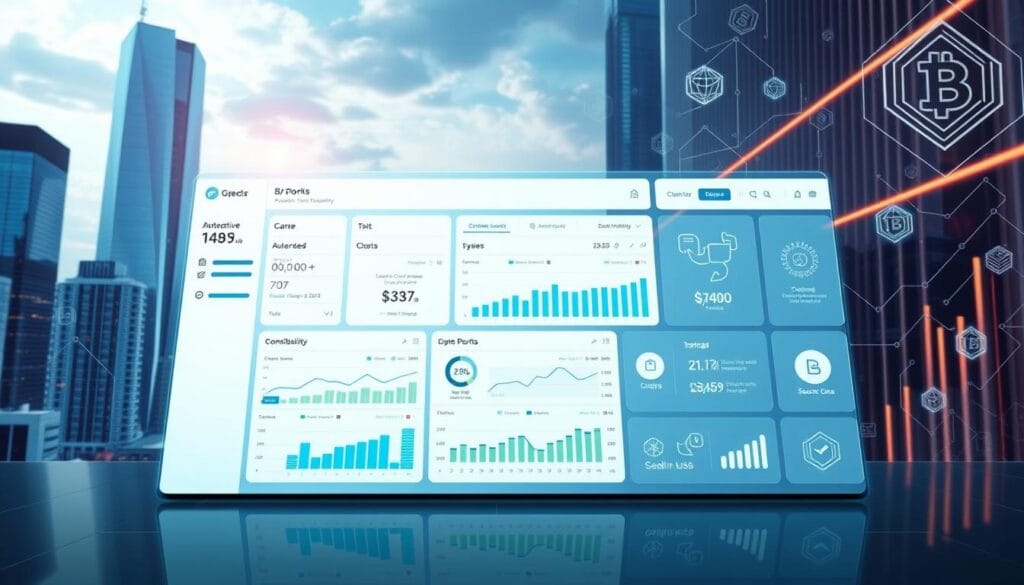 A sleek, high-tech digital interface showcasing the essential features of blockchain-based tax reporting software in 2025. In the foreground, a clean dashboard displays intuitive data visualizations, interactive charts, and seamless navigation. The middle ground features icons and infographics highlighting key functionalities like automated tax calculations, crypto transaction tracking, and secure data storage. The background depicts a futuristic cityscape with skyscrapers and blockchain-inspired geometric patterns, conveying a sense of technological sophistication and innovation. The overall mood is one of efficiency, transparency, and cutting-edge financial technology. A sleek, high-tech digital interface showcasing the essential features of blockchain-based tax reporting software in 2025. In the foreground, a clean dashboard displays intuitive data visualizations, interactive charts, and seamless navigation. The middle ground features icons and infographics highlighting key functionalities like automated tax calculations, crypto transaction tracking, and secure data storage. The background depicts a futuristic cityscape with skyscrapers and blockchain-inspired geometric patterns, conveying a sense of technological sophistication and innovation. The overall mood is one of efficiency, transparency, and cutting-edge financial technology.