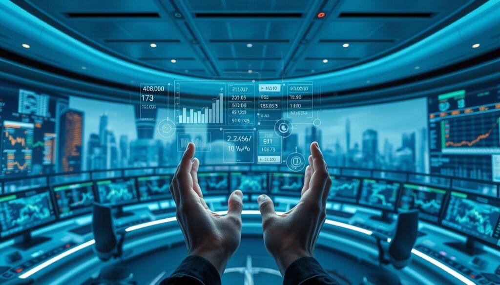 A sleek, high-tech financial command center with a cityscape backdrop. In the foreground, a pair of hands interacting with a transparent, holographic interface displaying real-time market data and investment portfolios. Behind them, a curved bank of display screens showcases complex algorithmic trading strategies and AI-driven investment recommendations. Soft, blue-tinted lighting creates an atmosphere of precision and innovation, while subtle mechanical elements suggest the powerful computational infrastructure powering this automated financial technology. A sleek, high-tech financial command center with a cityscape backdrop. In the foreground, a pair of hands interacting with a transparent, holographic interface displaying real-time market data and investment portfolios. Behind them, a curved bank of display screens showcases complex algorithmic trading strategies and AI-driven investment recommendations. Soft, blue-tinted lighting creates an atmosphere of precision and innovation, while subtle mechanical elements suggest the powerful computational infrastructure powering this automated financial technology.