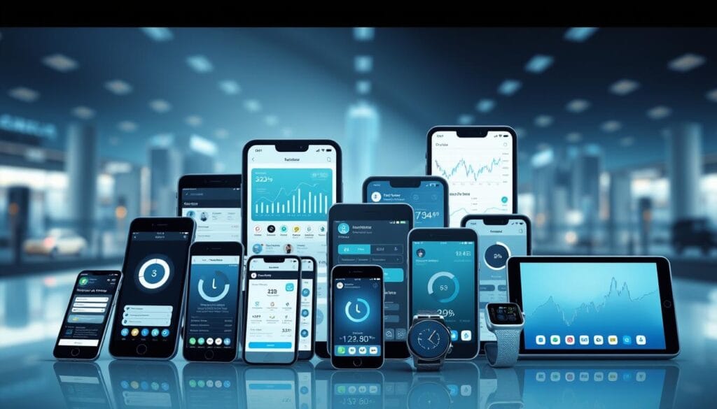 A sleek, high-tech interface featuring a wide array of personal finance apps displayed on various mobile devices, including smartphones, tablets, and smartwatches. The devices are arranged in a visually striking, asymmetrical composition, with a focus on clean lines, minimalist design, and a cool, futuristic color palette of blues, grays, and whites. The background is a softly blurred, abstract cityscape, suggesting a modern, urban setting. The overall mood is one of efficiency, sophistication, and the promise of financial empowerment, reflecting the essential role these apps will play for investors in 2025.
