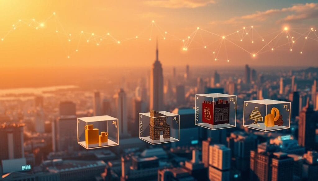 A sleek, holographic blockchain network overlay cascades across a cityscape, illuminating the integration of digital asset tokenization. In the foreground, a series of transparent cubes float, each containing a different tokenized commodity - gold, oil, real estate. A warm, amber-hued light bathes the scene, casting long shadows and creating an atmosphere of innovation and technological advancement. The camera angle is slightly elevated, providing a birds-eye view that emphasizes the scale and interconnectivity of this tokenized asset ecosystem. Subtle lens flares and depth-of-field blur enhance the futuristic, immersive quality of the image.