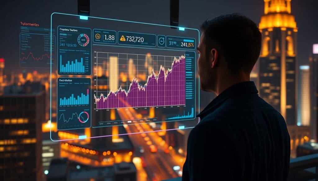 A sleek, holographic interface showcases vibrant analytics dashboards and interactive data visualizations, underpinned by an intricate neural network. In the foreground, a user navigates seamless portfolio tracking, asset allocation, and risk management tools powered by cutting-edge AI. The middle ground reveals a 3D model of a cryptocurrency chart, its fluctuations captured in real-time. In the background, a cityscape of shimmering skyscrapers and neon-lit streets reflects the dynamism of the digital asset economy. Warm lighting casts an aura of technological sophistication, while subtle lens flares and depth of field blur lend an air of futuristic elegance.