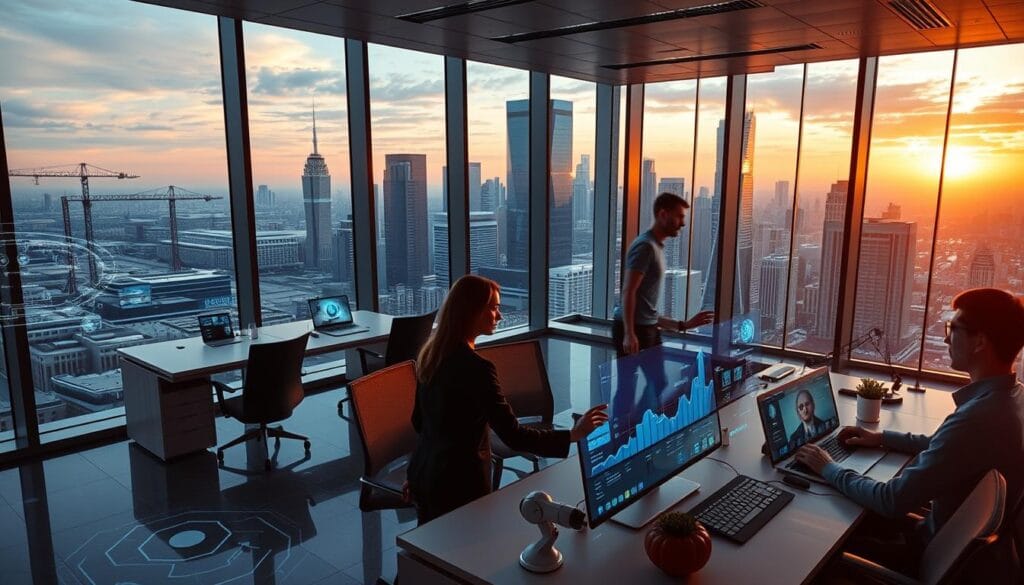 A sleek, hyper-modern financial office with floor-to-ceiling windows overlooking a bustling cityscape. The foreground features a dynamic array of cutting-edge technology - holographic displays, interactive dashboards, and autonomous robotic assistants seamlessly processing complex transactions. In the middle ground, teams of finance professionals collaborate at ergonomic workstations, their fingers dancing across touchscreens as they oversee the seamless automation of core processes. The background reveals the towering skyscrapers of a futuristic metropolis, bathed in the warm glow of a setting sun, symbolizing the efficiency and resilience of this AI-powered financial ecosystem. A sleek, hyper-modern financial office with floor-to-ceiling windows overlooking a bustling cityscape. The foreground features a dynamic array of cutting-edge technology - holographic displays, interactive dashboards, and autonomous robotic assistants seamlessly processing complex transactions. In the middle ground, teams of finance professionals collaborate at ergonomic workstations, their fingers dancing across touchscreens as they oversee the seamless automation of core processes. The background reveals the towering skyscrapers of a futuristic metropolis, bathed in the warm glow of a setting sun, symbolizing the efficiency and resilience of this AI-powered financial ecosystem.