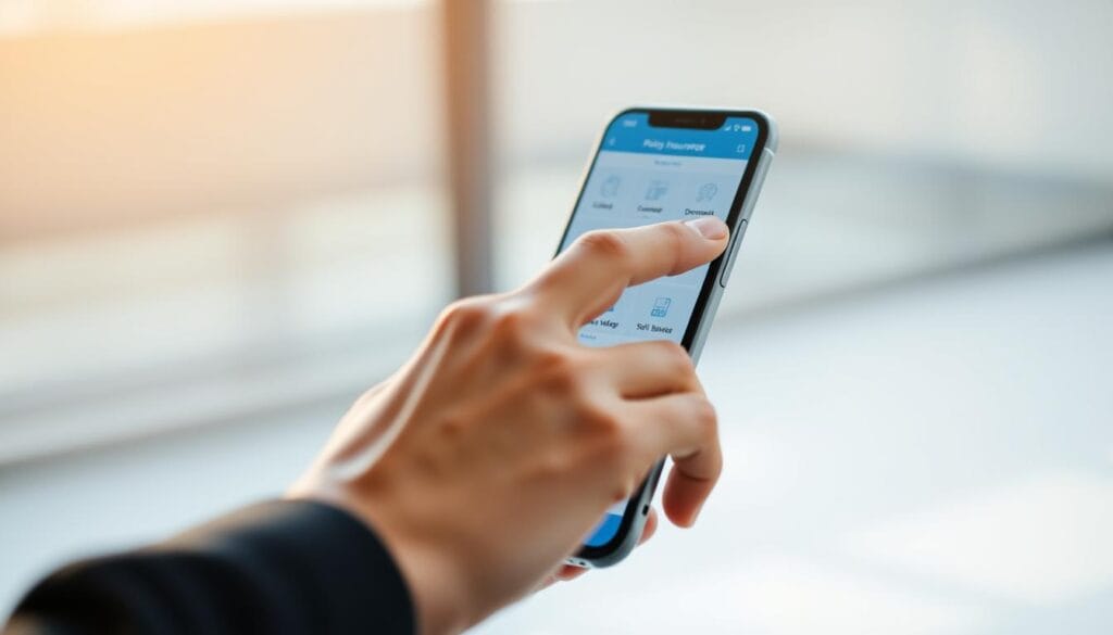 A sleek, intuitive mobile insurance application displayed on a high-resolution smartphone screen. The user interface features clean, modern iconography and a minimalist color palette of blues and grays, conveying a sense of professionalism and reliability. In the foreground, a hand interacts with the touchscreen, effortlessly navigating through policy management features such as claims filing, document storage, and self-service tools. The background blurs softly, emphasizing the app's focus and the user's seamless experience. Warm, natural lighting casts a subtle glow, creating a sense of accessibility and approachability. The overall impression is of a powerful, yet user-friendly insurance management solution tailored for the modern, on-the-go policyholder. A sleek, intuitive mobile insurance application displayed on a high-resolution smartphone screen. The user interface features clean, modern iconography and a minimalist color palette of blues and grays, conveying a sense of professionalism and reliability. In the foreground, a hand interacts with the touchscreen, effortlessly navigating through policy management features such as claims filing, document storage, and self-service tools. The background blurs softly, emphasizing the app's focus and the user's seamless experience. Warm, natural lighting casts a subtle glow, creating a sense of accessibility and approachability. The overall impression is of a powerful, yet user-friendly insurance management solution tailored for the modern, on-the-go policyholder.