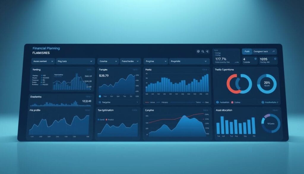 A sleek, minimal digital dashboard showcasing a range of financial planning features. In the foreground, crisp graphs and charts display investment portfolios, retirement projections, and tax-optimization strategies. The middle ground features intuitive navigation controls and toggles for customizing risk profiles and asset allocation. In the background, a subtle gradient backdrop evokes a high-tech, futuristic ambiance, captured by a wide-angle lens with soft, even lighting. The overall mood is one of clarity, precision, and cutting-edge financial management. A sleek, minimal digital dashboard showcasing a range of financial planning features. In the foreground, crisp graphs and charts display investment portfolios, retirement projections, and tax-optimization strategies. The middle ground features intuitive navigation controls and toggles for customizing risk profiles and asset allocation. In the background, a subtle gradient backdrop evokes a high-tech, futuristic ambiance, captured by a wide-angle lens with soft, even lighting. The overall mood is one of clarity, precision, and cutting-edge financial management.
