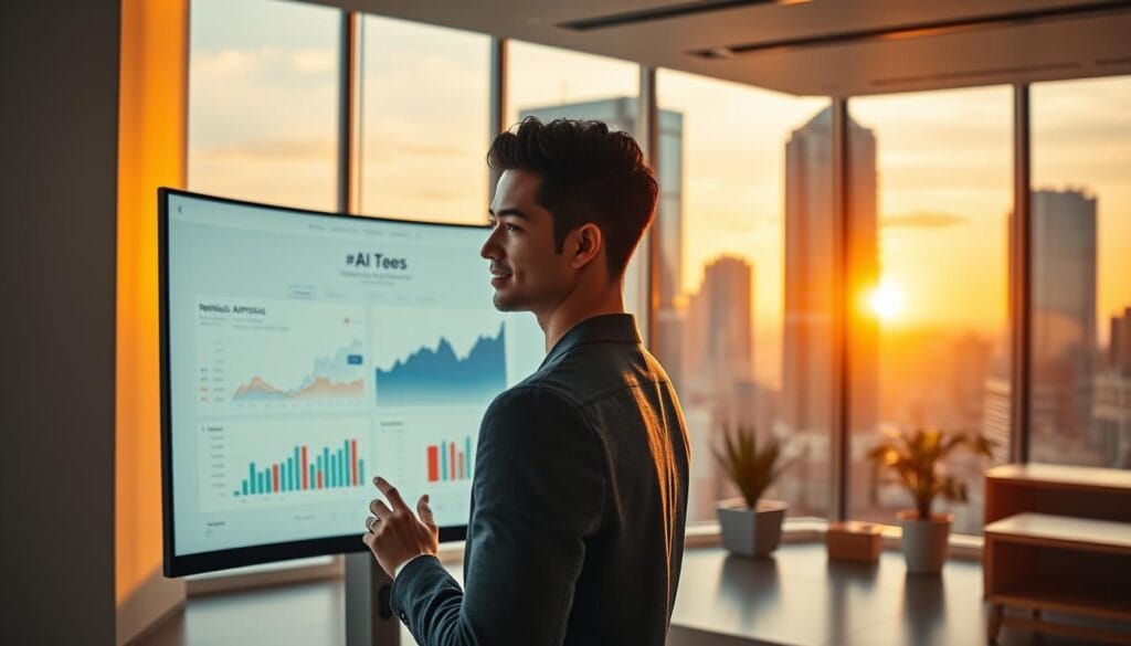 A sleek, minimal workspace with a large curved display showcasing a personalized AI-driven portfolio dashboard. The foreground features a stylish young professional confidently interacting with the intuitive touchscreen interface, their face illuminated by the screen's soft glow. The middle ground reveals a modern office setting with clean lines, natural wood accents, and floor-to-ceiling windows bathing the scene in warm, directional lighting. In the background, a cityscape of towering glass skyscrapers reflects the vibrant glow of the setting sun, creating a sense of urban prosperity and technological sophistication. The overall mood is one of empowerment, efficiency, and the seamless integration of AI into the daily financial lives of young professionals.