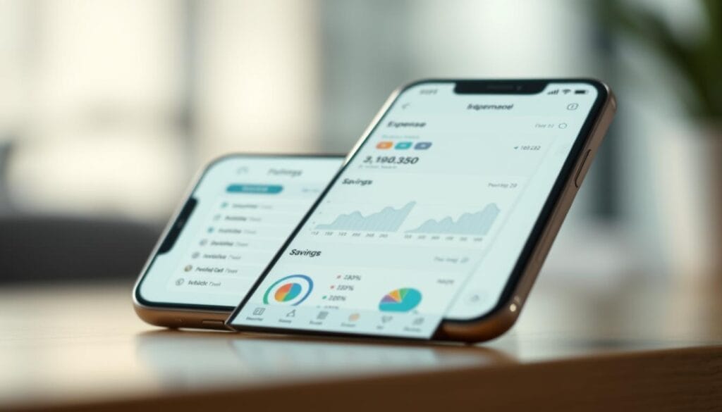 A sleek, minimalist budgeting app interface displayed on a high-resolution mobile device screen, showcasing intuitive personal finance features. In the foreground, a clean dashboard with neatly organized sections for income, expenses, savings, and investment tracking. The middle ground features interactive charts and graphs visualizing financial data, with a soothing pastel color palette. In the background, a subtle blurred effect highlights the smartphone's premium design, creating a sense of sophistication and technological prowess. Crisp lighting from the device's display illuminates the scene, casting a soft glow and emphasizing the app's user-friendly and modern aesthetic.
