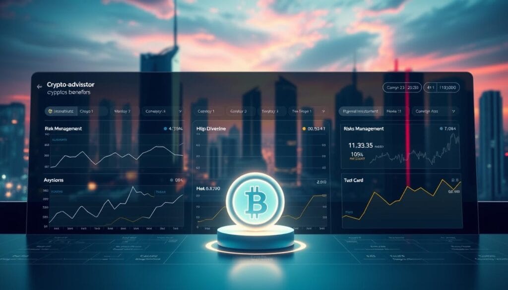 A sleek, minimalist crypto trading dashboard set against a modern, high-tech backdrop. In the foreground, a series of intuitive graph visualizations showcase the key benefits of a crypto robo-advisor - diversification, risk management, and personalized investment strategies. The middle ground features a stylized 3D crypto coin model, glowing with an ethereal light. The background is a futuristic cityscape, with towering skyscrapers and a vibrant, neon-tinged sky, conveying a sense of progress and innovation. The overall tone is one of sophistication, efficiency, and the empowerment of modern investors through advanced financial technologies.
