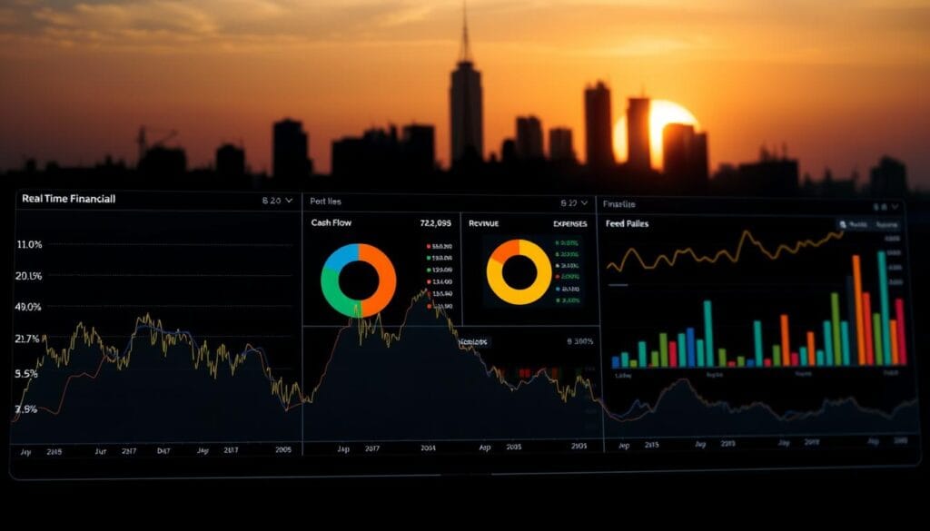 A sleek, minimalist dashboard displaying real-time financial data visualizations. In the foreground, a line graph charts stock prices and market indices, the lines flowing dynamically as new data is input. In the middle ground, colorful pie charts and bar graphs analyze cash flow, revenue, and expenses, the visualizations updating instantaneously. The background features a cityscape silhouette, the skyline illuminated by the glow of a setting sun, casting a warm, golden light across the entire scene. The mood is one of efficiency, precision, and technological mastery over financial insights. A sleek, minimalist dashboard displaying real-time financial data visualizations. In the foreground, a line graph charts stock prices and market indices, the lines flowing dynamically as new data is input. In the middle ground, colorful pie charts and bar graphs analyze cash flow, revenue, and expenses, the visualizations updating instantaneously. The background features a cityscape silhouette, the skyline illuminated by the glow of a setting sun, casting a warm, golden light across the entire scene. The mood is one of efficiency, precision, and technological mastery over financial insights.