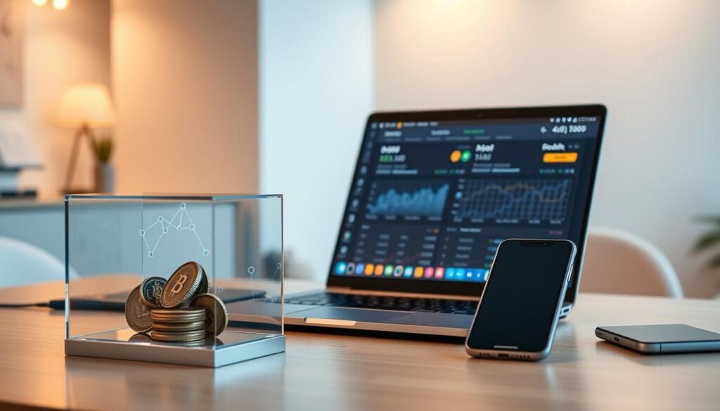 A sleek, minimalist desktop setup with a laptop, mobile device, and cryptocurrency-themed decor. The foreground features a transparent glass case displaying digital currency coins and a holographic projection of a blockchain network. The middle ground showcases a modern, matte black laptop open to a financial app dashboard, seamlessly integrating cryptocurrency and traditional currency data. The background is a softly-lit, neutral-toned office environment, conveying a sense of technological advancement and financial innovation. Subtle lighting highlights the metallic accents and creates a warm, sophisticated ambiance, reflecting the fusion of cryptocurrency and traditional finance. A sleek, minimalist desktop setup with a laptop, mobile device, and cryptocurrency-themed decor. The foreground features a transparent glass case displaying digital currency coins and a holographic projection of a blockchain network. The middle ground showcases a modern, matte black laptop open to a financial app dashboard, seamlessly integrating cryptocurrency and traditional currency data. The background is a softly-lit, neutral-toned office environment, conveying a sense of technological advancement and financial innovation. Subtle lighting highlights the metallic accents and creates a warm, sophisticated ambiance, reflecting the fusion of cryptocurrency and traditional finance.